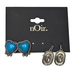 nOir Turquoise Heart Stud Earrings & Silver Western Dangle Earrings Set